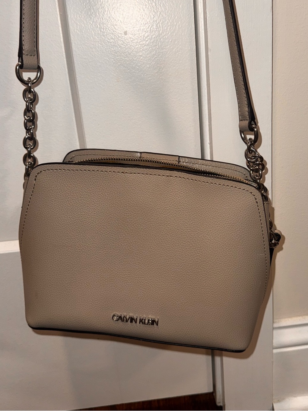 Calvin Klein Pebbled Taupe Crossbody with Chain Accent